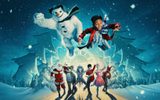 A group of characters, including a snowman and a boy, fly through a snowy landscape at night with a clock and trees in the background.