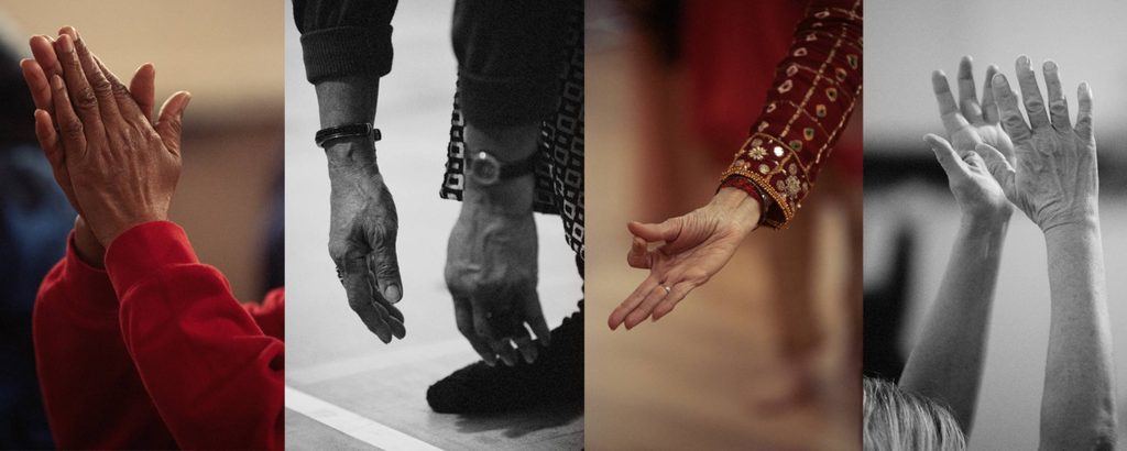 A composite image of four photographs of dancers hands