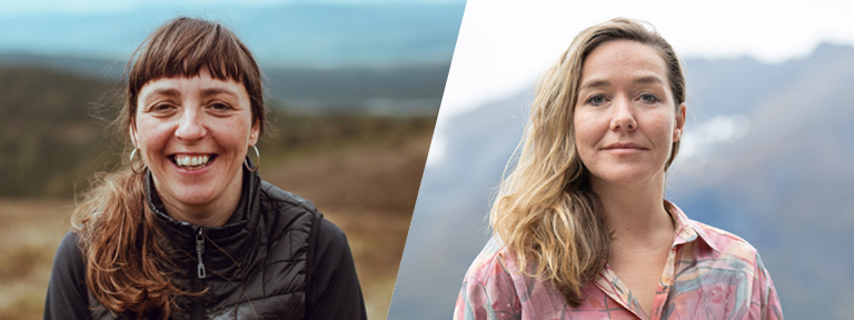 A composite photo of Helle Siljeholm and Simone Kenyon, both women are smiling and looking at the camera, with wild mountain landscapes behind them.
