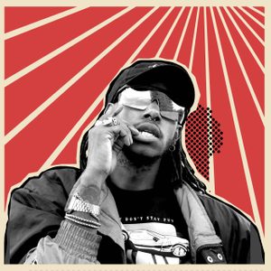 Black and white photograph of choreographer Ivan Blackstock, against a graphic red background