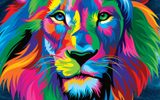 The image depicts a colorful, artistic representation of a lion's face. The lion is illustrated with vibrant shades of blue, green, yellow, pink, and purple, set against a dark background.