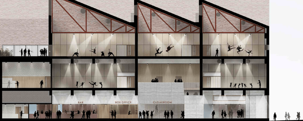 A cross section of the Sadler's Wells East building showing people inside the rooms of the building.